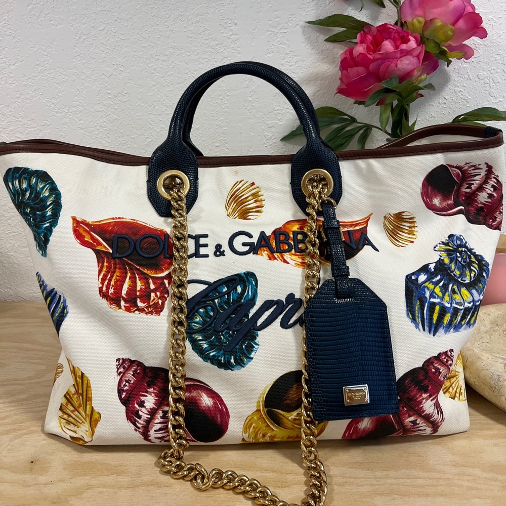 [SOLD] Dolce & Gabbana Seashell Print Tote with Gold Accents